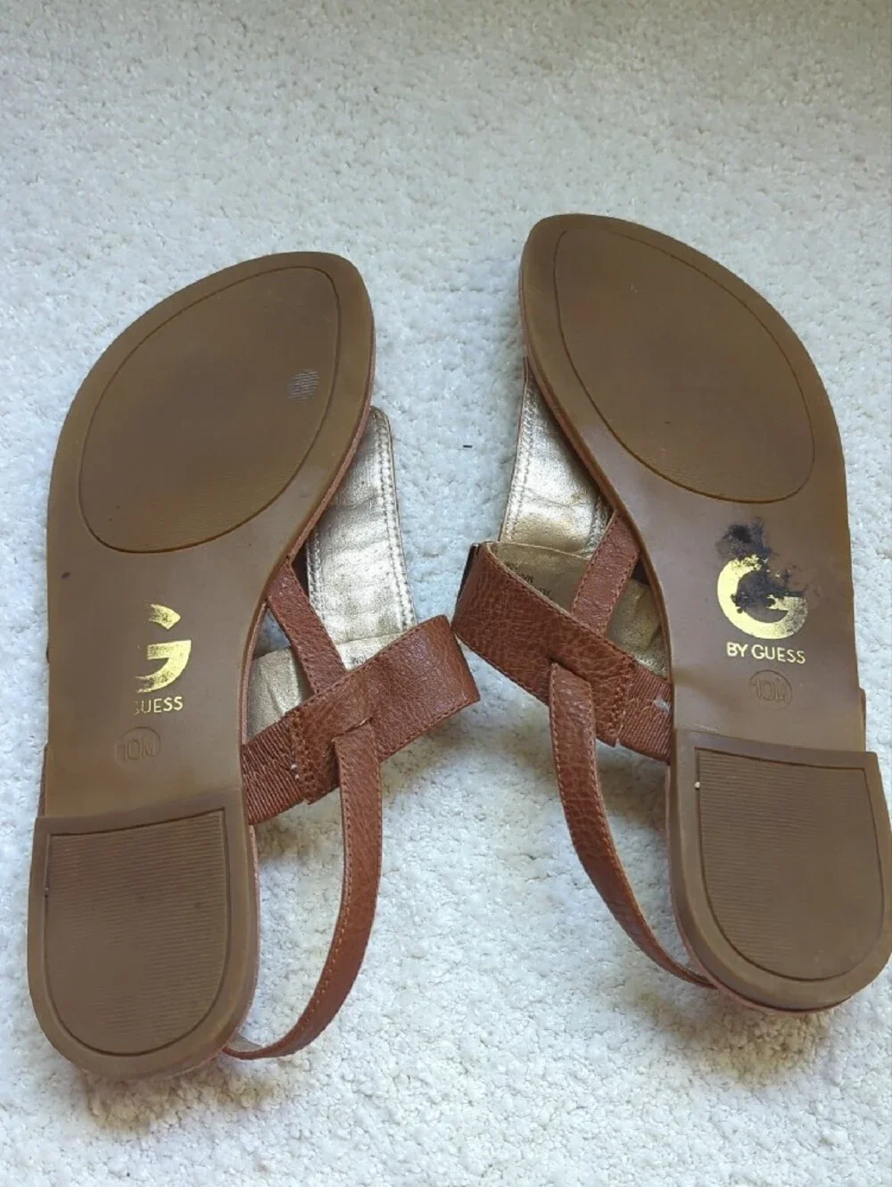 G by Guess Brown and Black T-Strap Sandals with G Hardware
